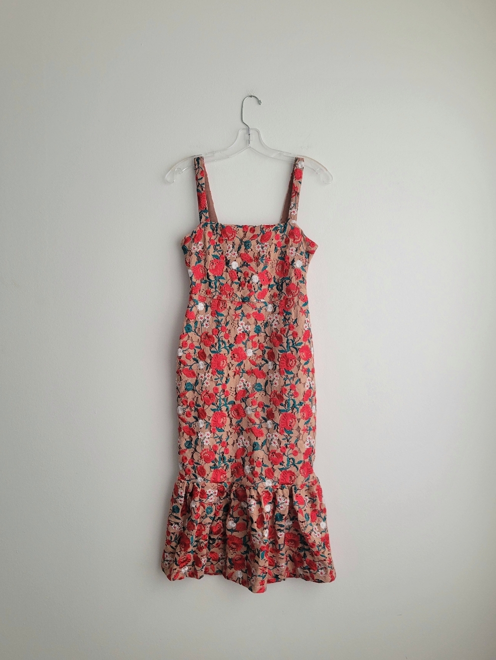 LOVERS & FRIENDS Red Embroidered Floral Midi Ruffle Hem Under the Stars Dress